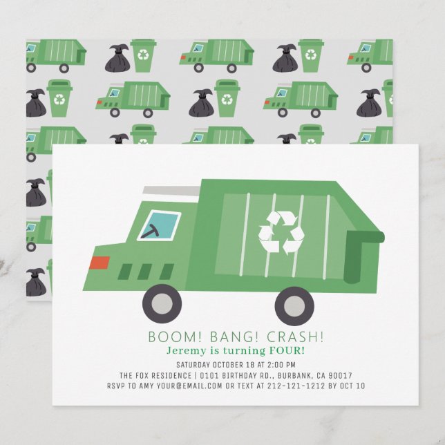 Green Garbage Truck Recycle Boy Birthday Invitation (Front/Back)