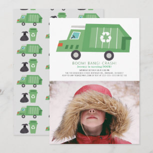 Green Garbage Truck Recycle Boy Photo Birthday Invitation