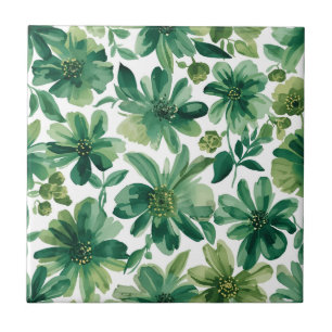 Green Garden Floral Botanical Watercolor Painting Tile