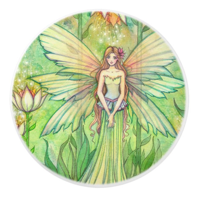 Green Garden Flower Fairy Illustration Ceramic Knob (Front)