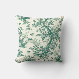 Green Garden Flowering Tree Toile de Jouy Cushion