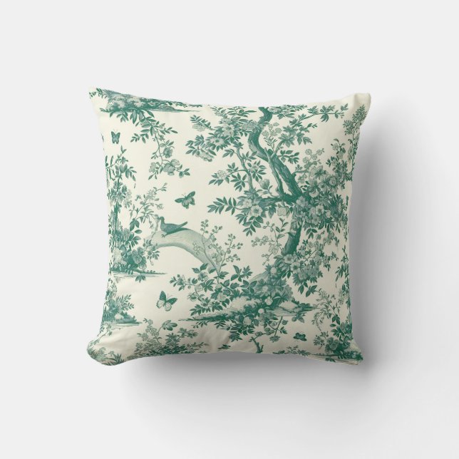 Green Garden Flowering Tree Toile de Jouy Cushion (Front)
