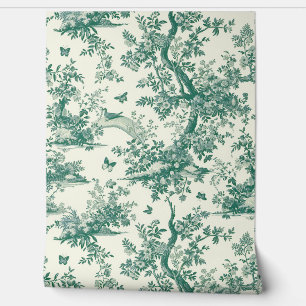 Green Garden Flowering Tree Toile de Jouy Wallpaper