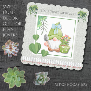 Green Garden Gnome Good Things Grow Here Paper Coaster