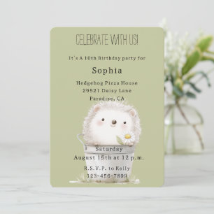Green Garden Hedgehog with Daisy Flower Birthday Invitation