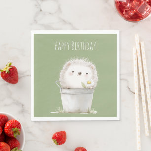 Green Garden Hedgehog with Daisy Flower Birthday Napkin