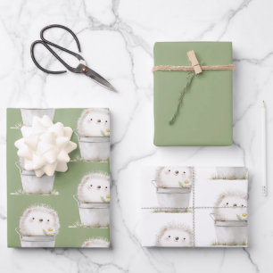 Green Garden Hedgehog with Daisy Flower Birthday Wrapping Paper Sheet
