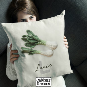 Green Gardener Minimalist Crochet Leeks Name  Cushion