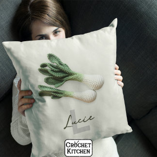 Green Gardener Minimalist Crochet Leeks Name  Cushion