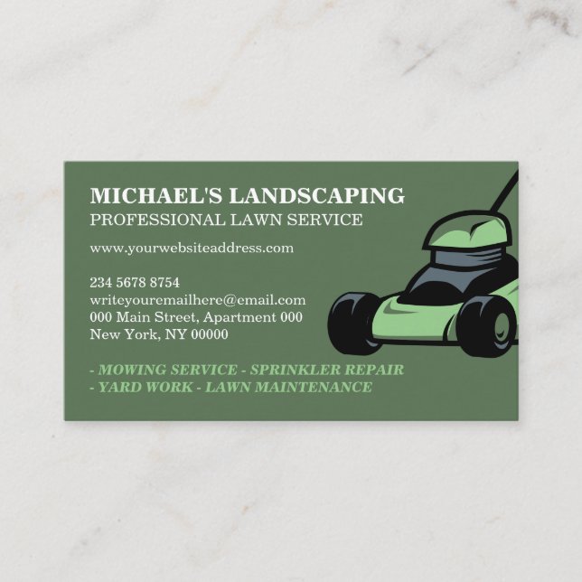Green Gardening Lawn Service Landscape Grass Mower Business Card (Front)