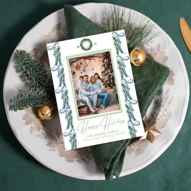Green Garland with Blue Bow With and a Ornament  Holiday Card (Creator Uploaded)