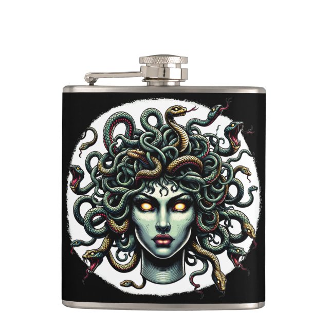 Green Gazing Medusa Head full of Snakes Hip Flask (Front)