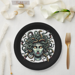 Green Gazing Medusa Head full of Snakes Paper Plate