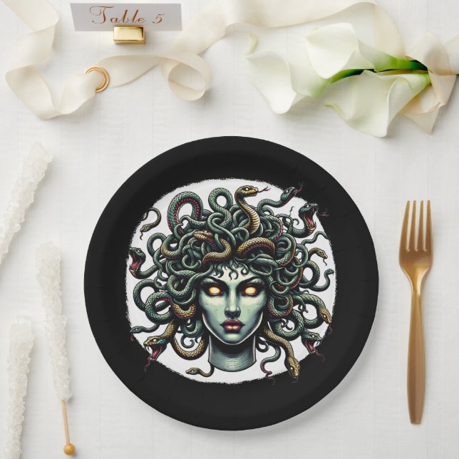 Green Gazing Medusa Head full of Snakes Paper Plate (Wedding)