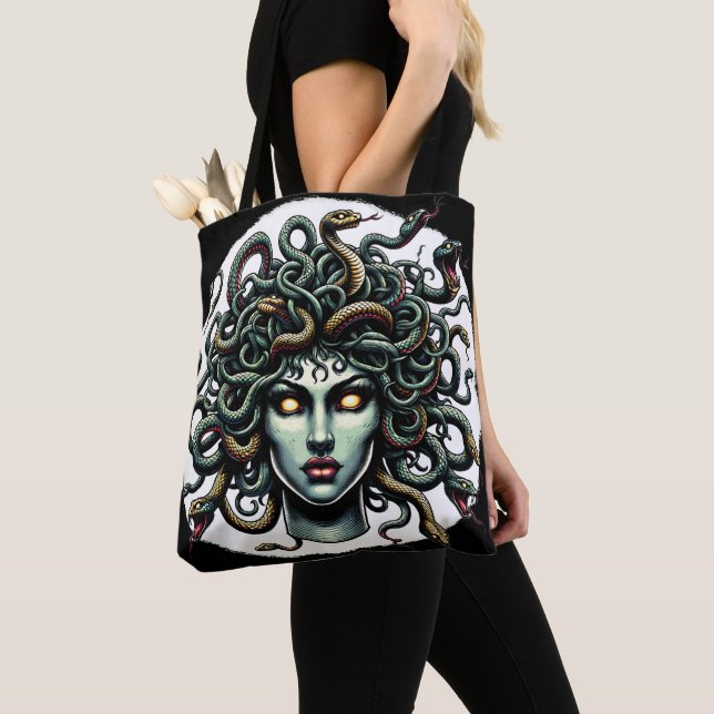 Green Gazing Medusa Head full of Snakes Tote Bag (Close Up)