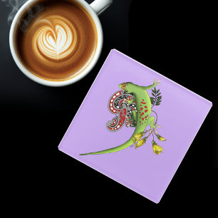 Green Gecko Tribal Lavender Red Glass Coaster