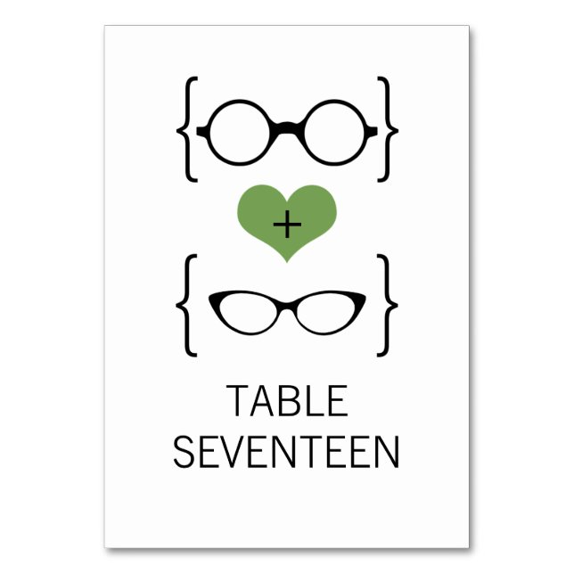 Green Geeky Glasses Wedding Table Card (Front)