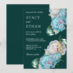 Green Gems and Turquoise Peonies Floral Wedding Invitation