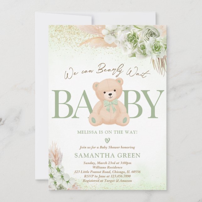 Green Gender Neutral Bear Boho Baby Shower Invitation (Front)