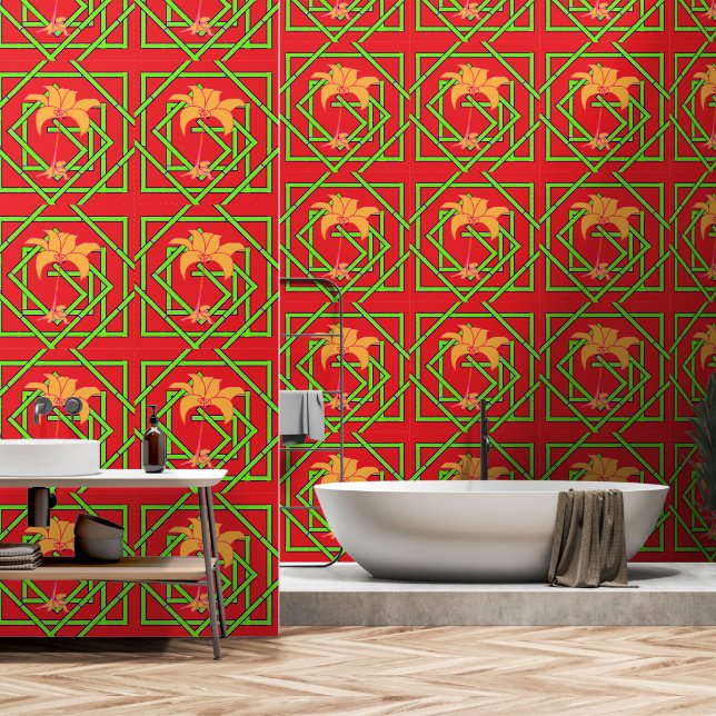 Green Geo Floral Red      Wallpaper (Bathroom)