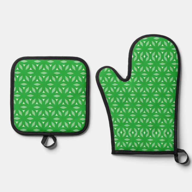Green Geometric Floral Abstract Oven Mitt & Pot Holder Set (Front)
