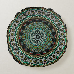Green Geometric Floral Boho Tribal Mandala Round Cushion