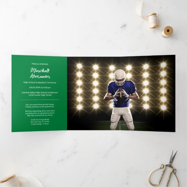 Green Geometric Graduation Photo Tri-Fold Invitation (Inside)