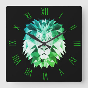 Green Geometric Lion with Roman Numerals Square Wall Clock