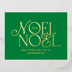 green geometric Noel script elegant modern Foil Holiday Postcard
