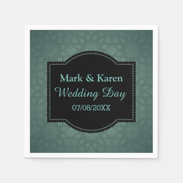 Green Geometric Pattern Custom Text Wedding Napkin (Front)