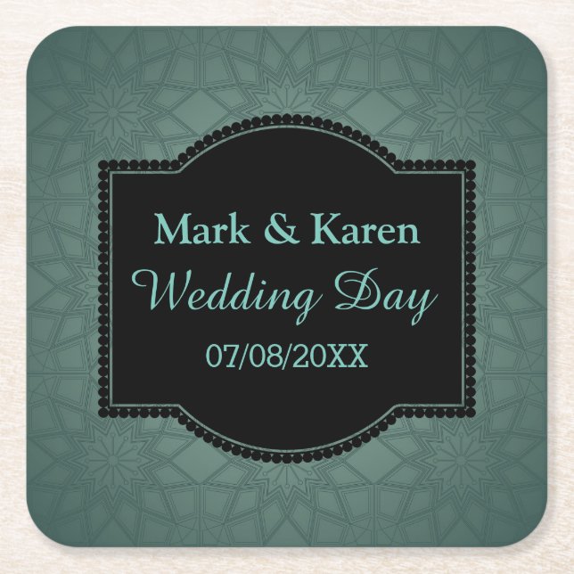 Green Geometric Pattern Custom Text Wedding Square Paper Coaster (Front)