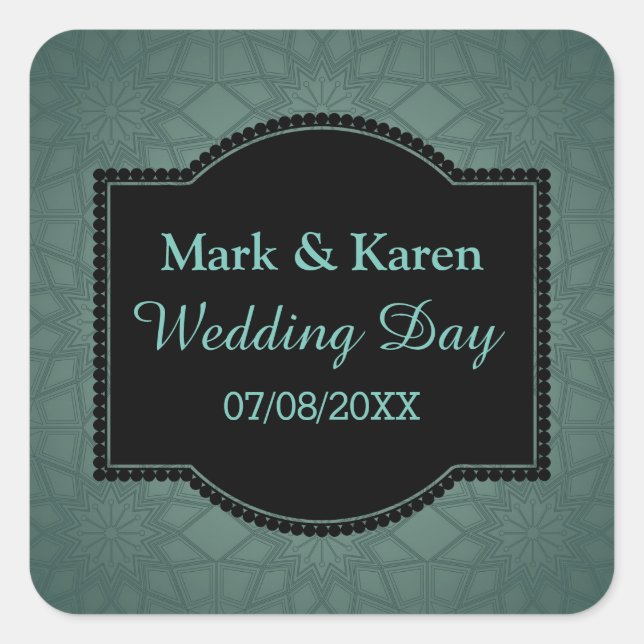 Green Geometric Pattern Custom Text Wedding Square Sticker (Front)