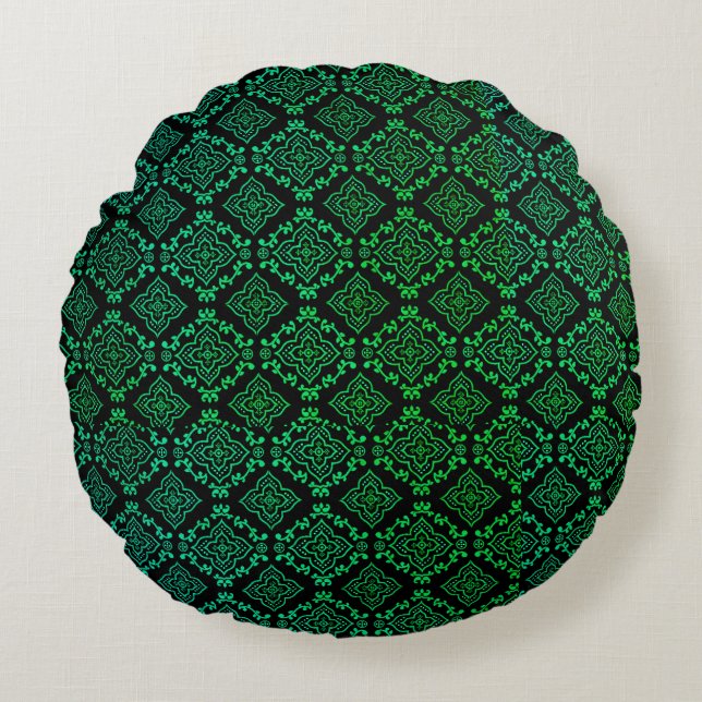 Green Geometric Pattern / Indian Print  Round Cushion (Front)