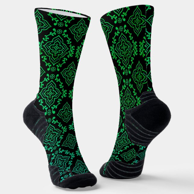Green Geometric Pattern / Indian Print  Socks (Angled)