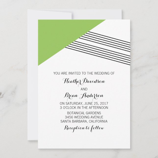 Green Geometric Stripe Wedding Invite (Front)