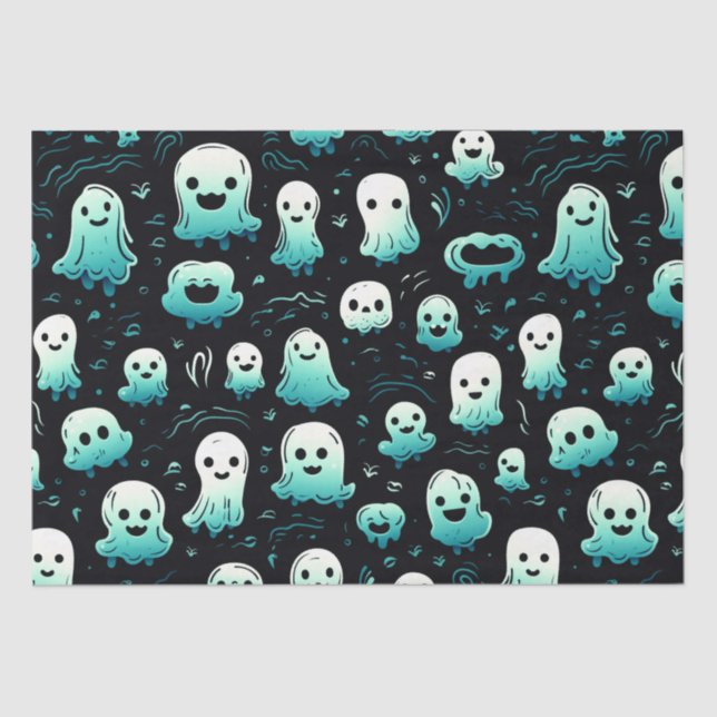 Green Ghosts Cute Adorable Modern Black Halloween Tissue Paper (Front)