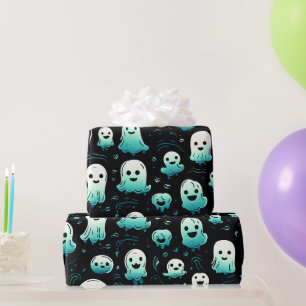 Green Ghosts Cute Adorable Modern Black Halloween Wrapping Paper