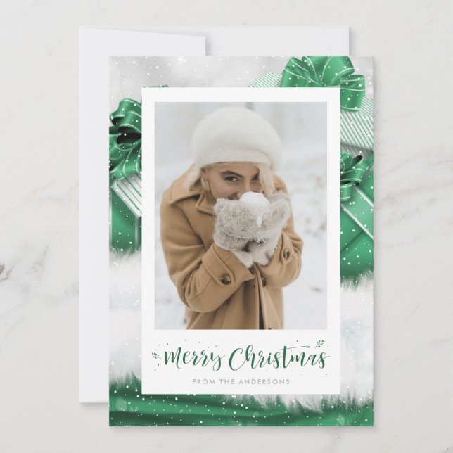 Green Gift Hand-Lettered Photo Christmas Cards (Front)