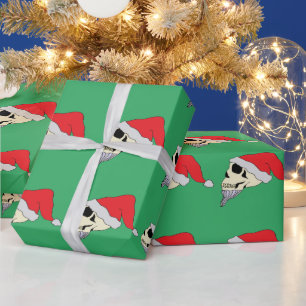 Green Gift Wrap With Skulls in Santa Claus Hats