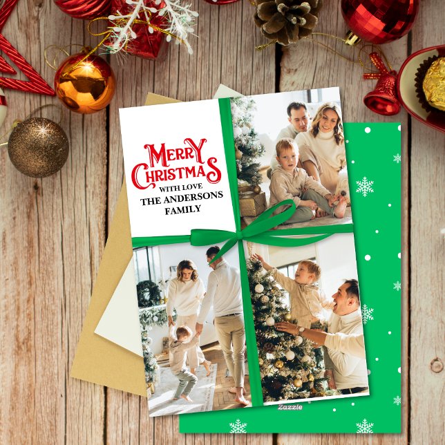 Green Gift Wrapped Family Photo collage Christmas Holiday Card (Creator Uploaded)