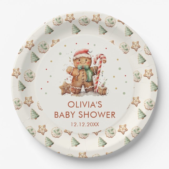 Green Gingerbread Christmas Santa Baby Shower Paper Plate (Front)