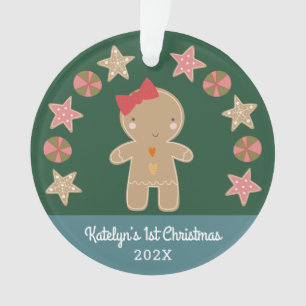 Green Gingerbread Girl Baby Photo First Christmas Ornament