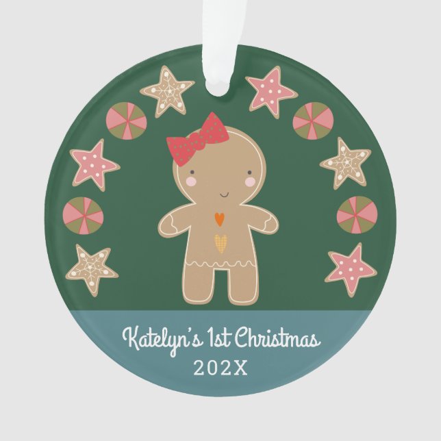Green Gingerbread Girl Baby Photo First Christmas Ornament (Front)