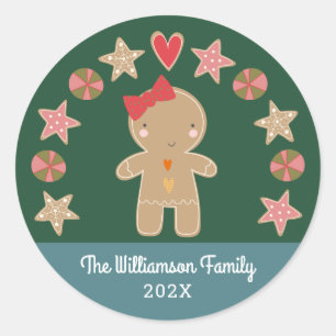 Green Gingerbread Girl Holiday Cookie Modern Cute Classic Round Sticker
