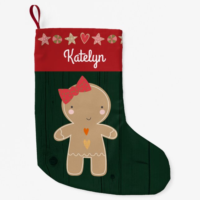 Green Gingerbread Girl Holiday Name Rustic Cute Small Christmas Stocking (Front)