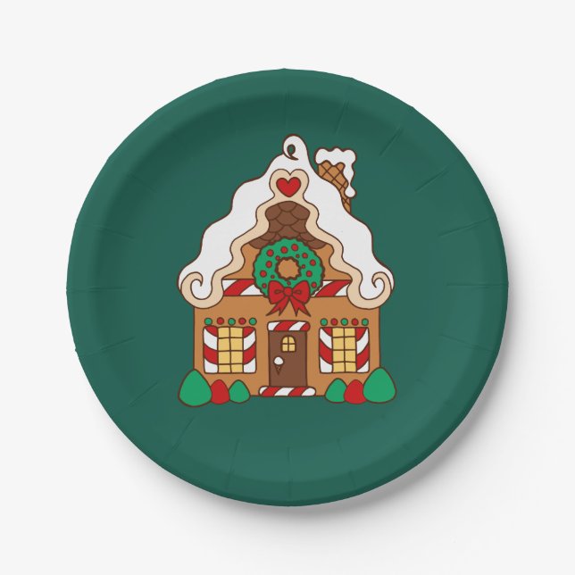 Green Gingerbread House Christmas Paper Plates (Front)
