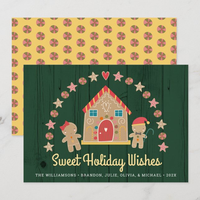 Green Gingerbread House Sweet Wishes Rustic Wood Holiday Card (Front/Back)