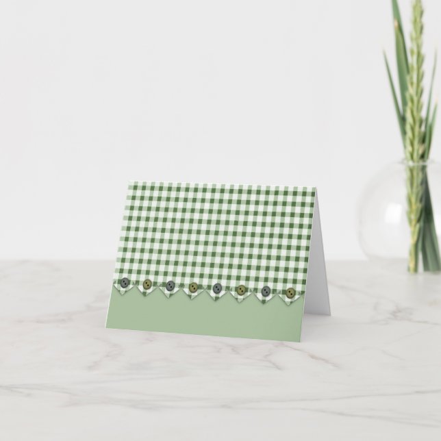 Green Gingham and Buttons Note Card (Front)