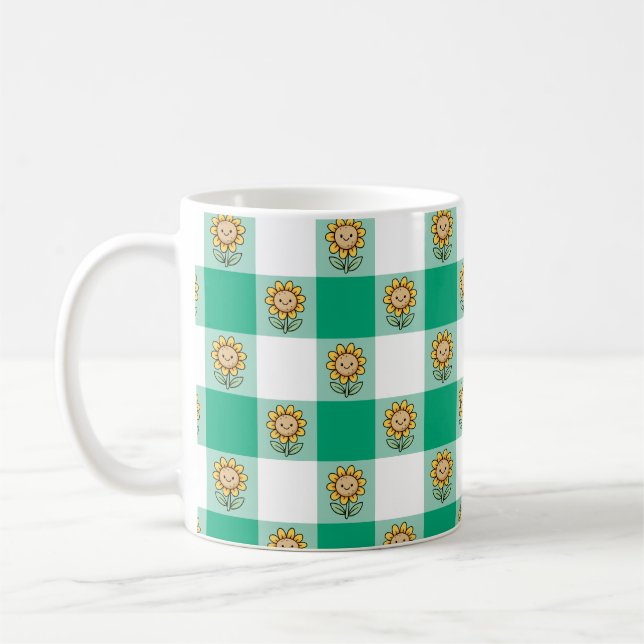 Green Gingham and Yellow Sunflowers Coffee Mug (Left)