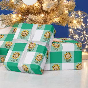 Green Gingham and Yellow Sunflowers Wrapping Paper